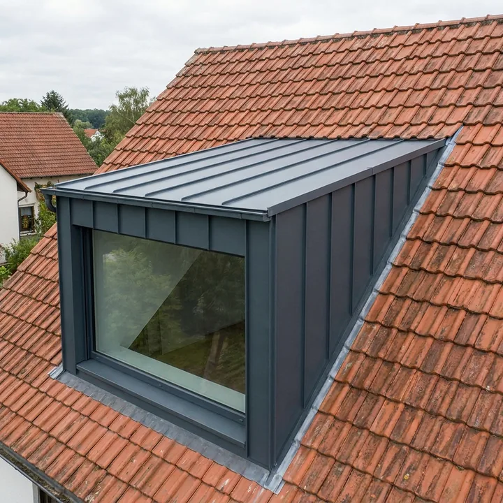 Moderne Flachdachgaube als Kastenform mit dunkler Stehfalz-Blecheindeckung und großem Fenster