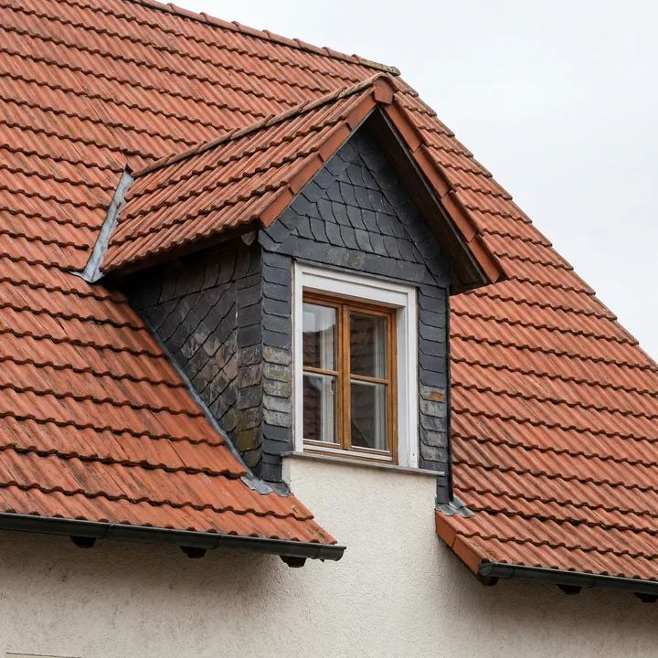Giebelgaube mit First und dreieckigem Giebel zur Front, Wangen mit dunklem Schiefer verkleidet