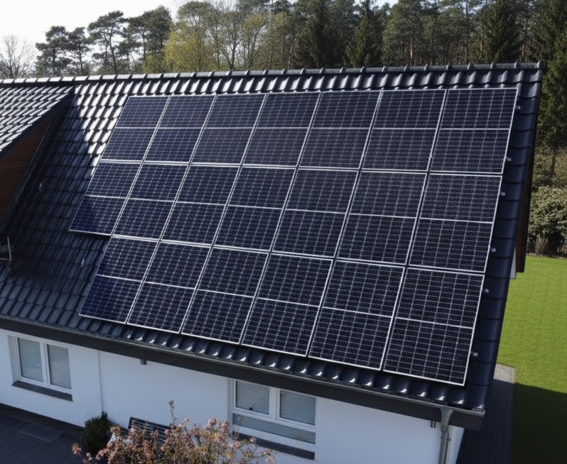 Großzügige PV-Anlage auf dunklem Ziegeldach – Luftaufnahme