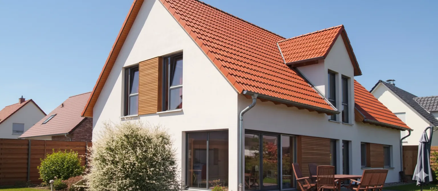 Moderne Villa mit orangerotem Ziegeldach – Gesamtansicht