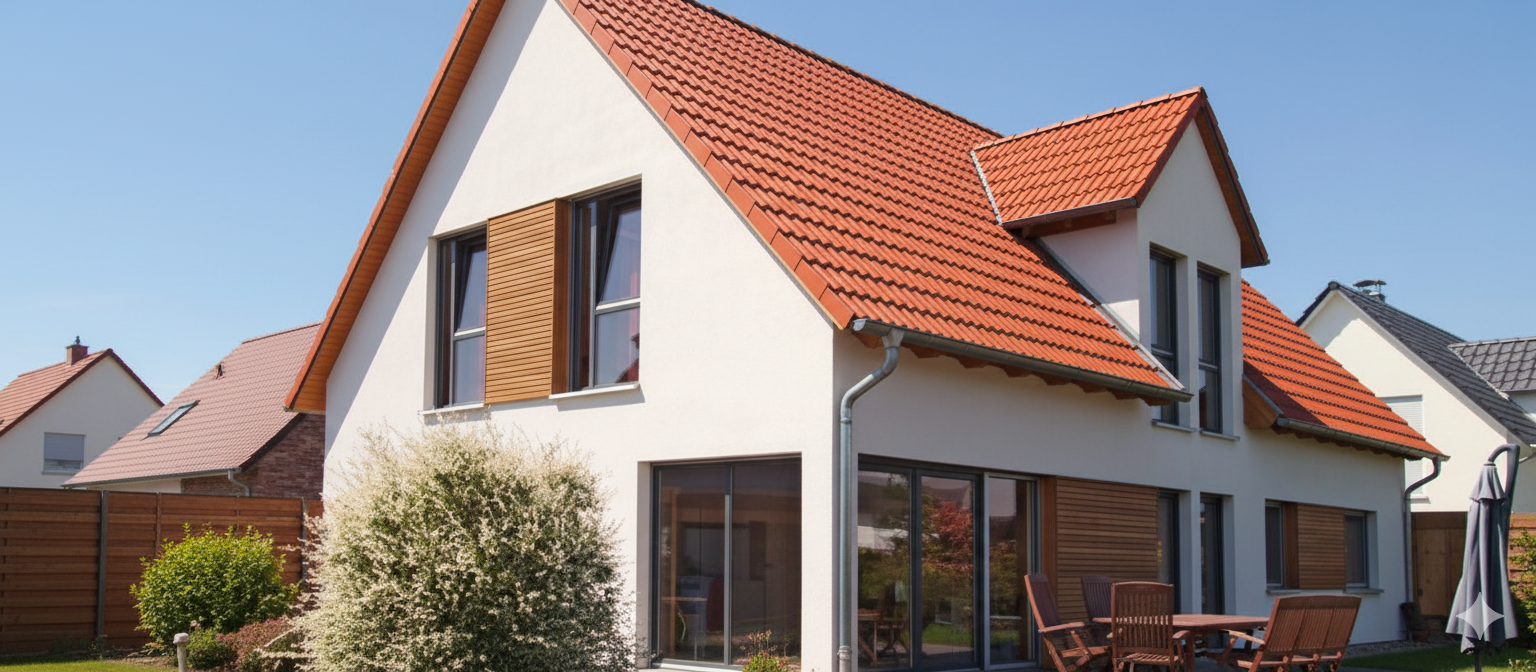Moderne Villa mit orangerotem Ziegeldach – Gesamtansicht
